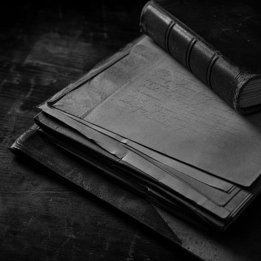 Aged legal documents and a bound ledger on a dark desk